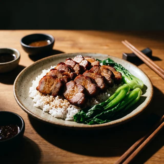 Char siu with rice and choy sum, a Cantonese dish