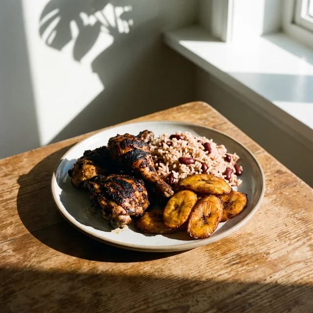 Jerk chicken with rice and peas, a Caribbean dish