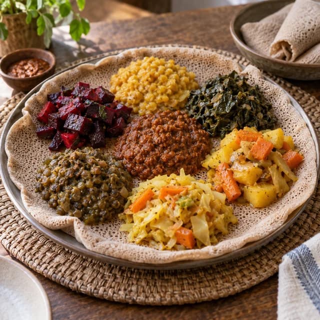 Injera platter, a Ethiopian and Eritrean dish