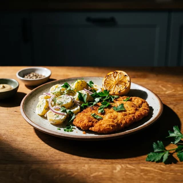 Schnitzel with potato salad, a German and Central European dish