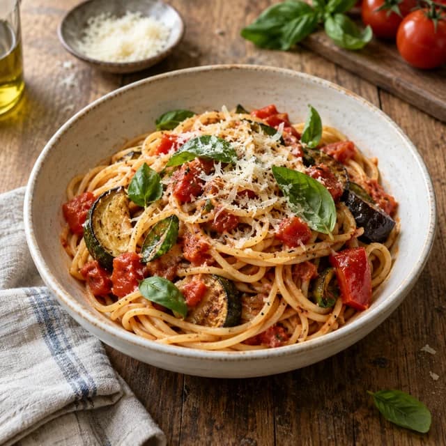 Tomato and basil pasta, a Italian dish