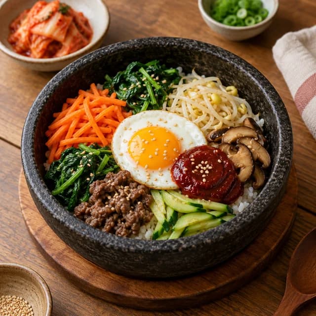 A colorful bowl of Korean bibimbap with vegetables and rice.
