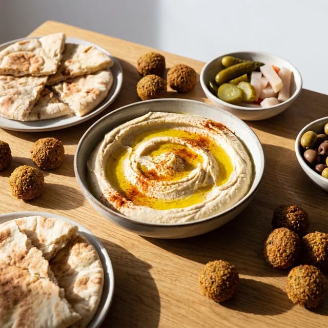 A spread of hummus, falafel, vegetables, and flatbread.