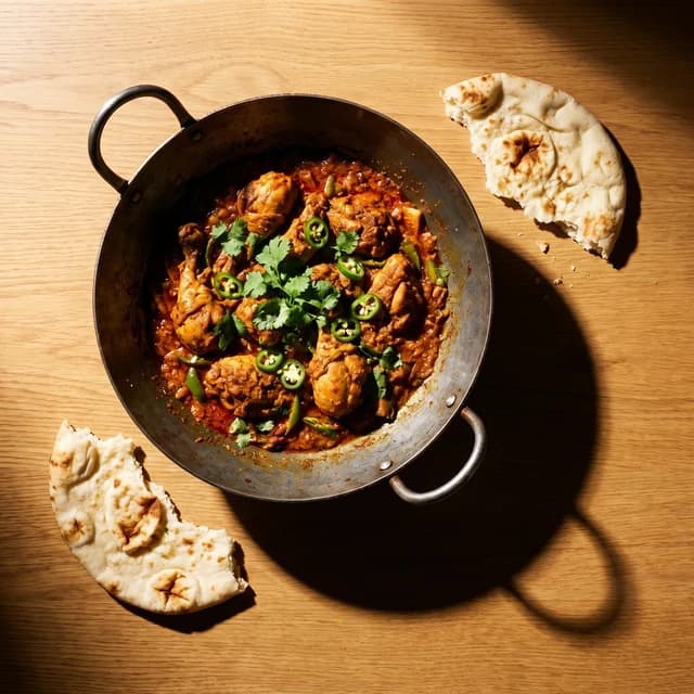 Chicken karahi with naan, a Pakistani and Bangladeshi dish