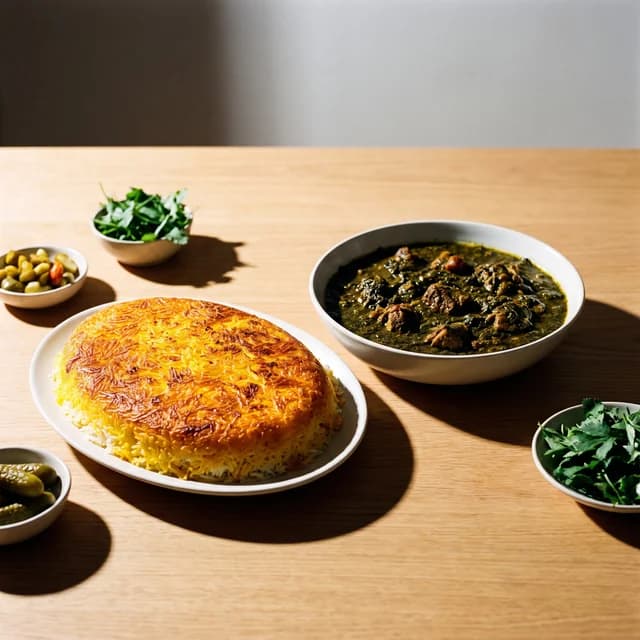 Saffron tahdig with herb stew, a Persian dish