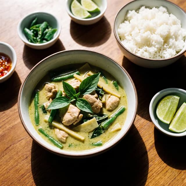 Thai green curry with vegetables and fresh herbs.