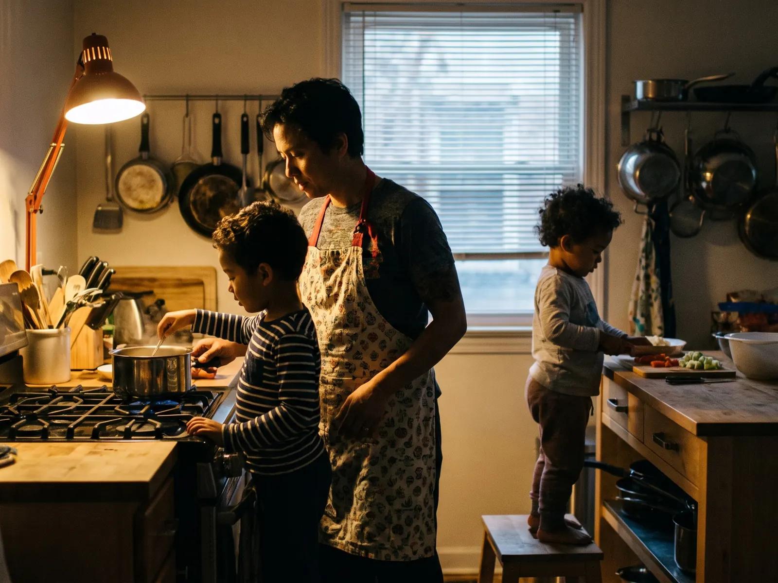 A family preparing dinner together at the kitchen counter.
