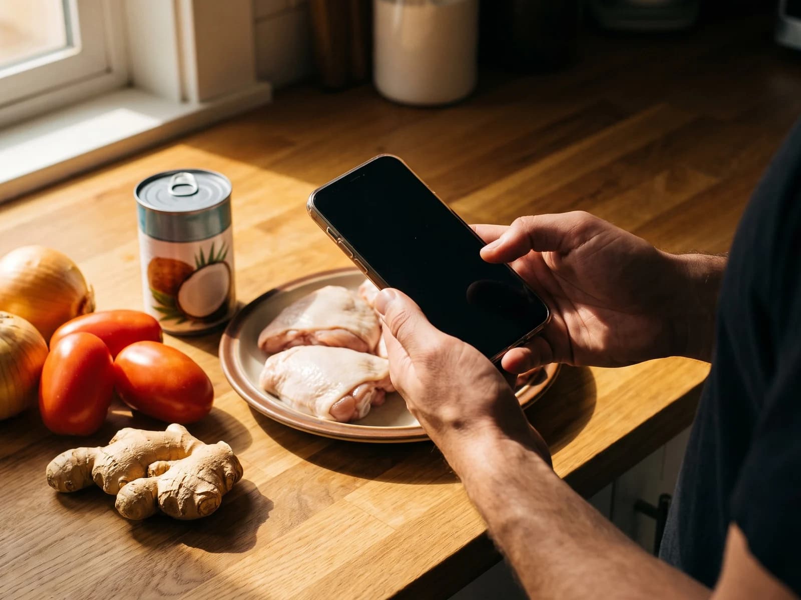 A phone ready to capture ingredients on a kitchen counter.