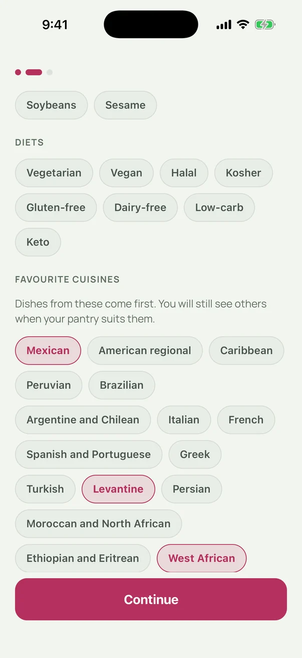 The favourite cuisines section of the household screen, with a note that dishes from these come first and others still appear when the pantry suits them, and Mexican, Levantine, and West African selected from the list of thirty.