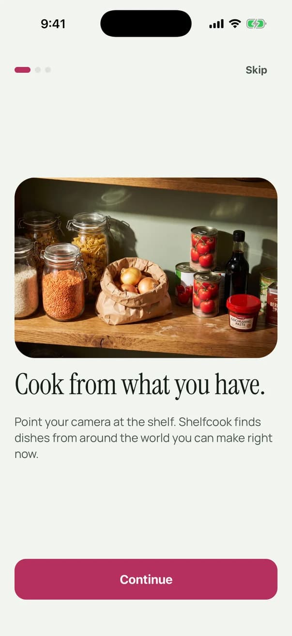 The current Shelfcook iPhone welcome screen, introducing cooking from the ingredients in your pantry.