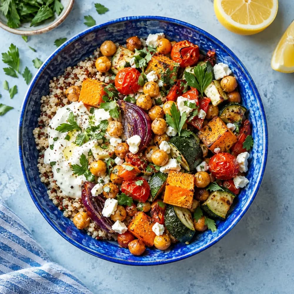Roasted vegetables, chickpeas, grains, and fresh herbs in a blue-rimmed bowl.